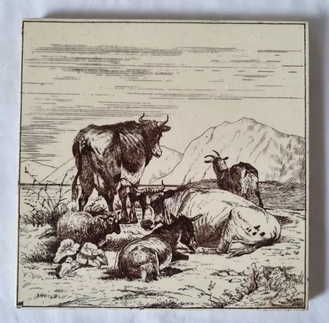 Charming Minton Pastoral Design 6 Inch Tile, Circa 19Th Century (K) Cows