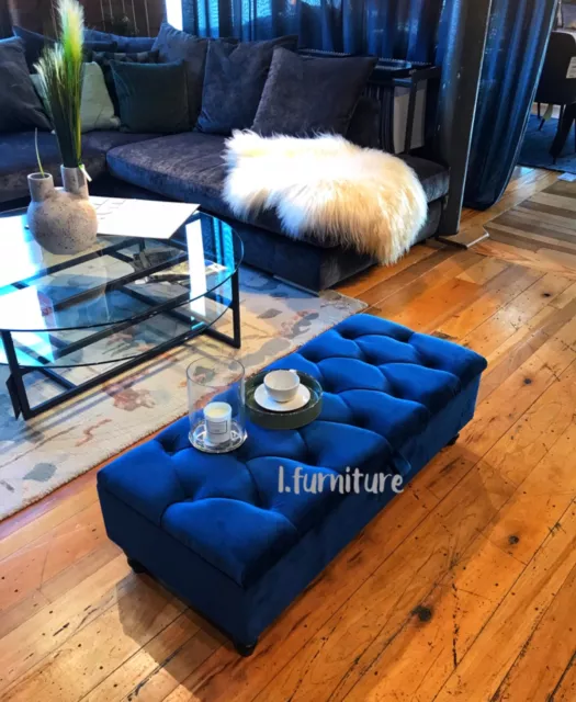 Ottoman Pouffe Wooden Chesterfield Velvet Footstool With Storage - Blue