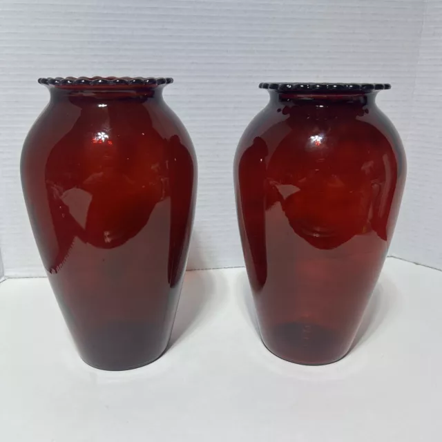 Pair of Vintage Anchor Hocking Royal Ruby Red 9" Tall Ruffled Rim Vases