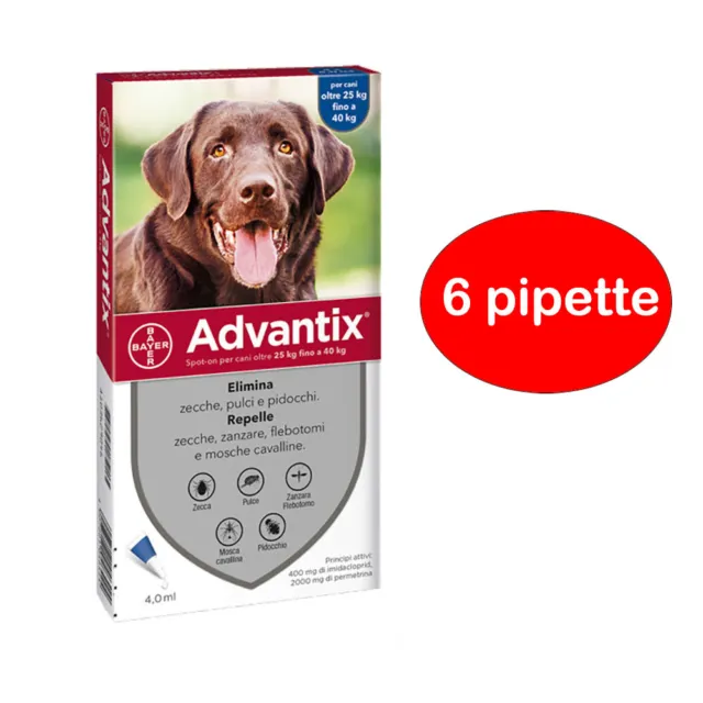 Advantix Bayer spot on pipette per cani da 25 a 40 kg 6 pipette NOVITA' 25-40 kg