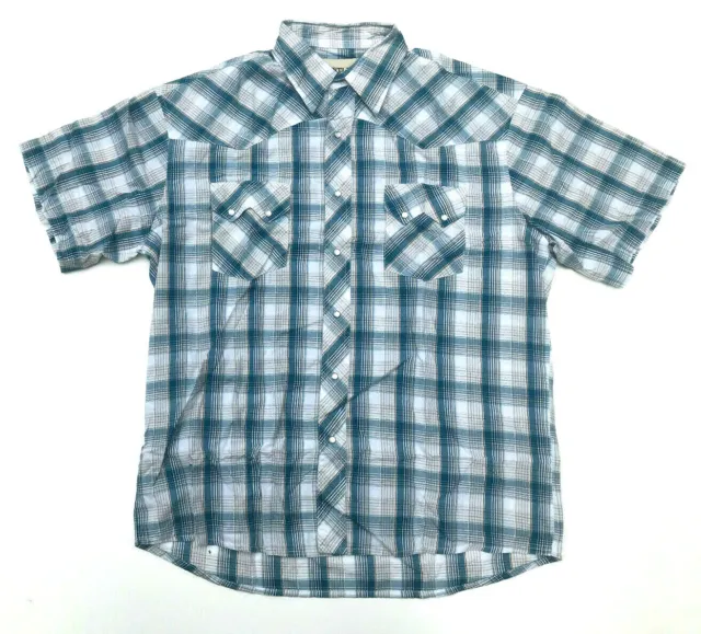 .RUSTLER by WRANGLER Western S/S Blue Plaid Pearl Snap Button Shirt Size L