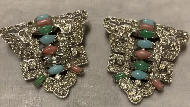 Pastel Silver tone Pave Art Deco Style Easter Pair of Dress Clips Unmarked As-Is