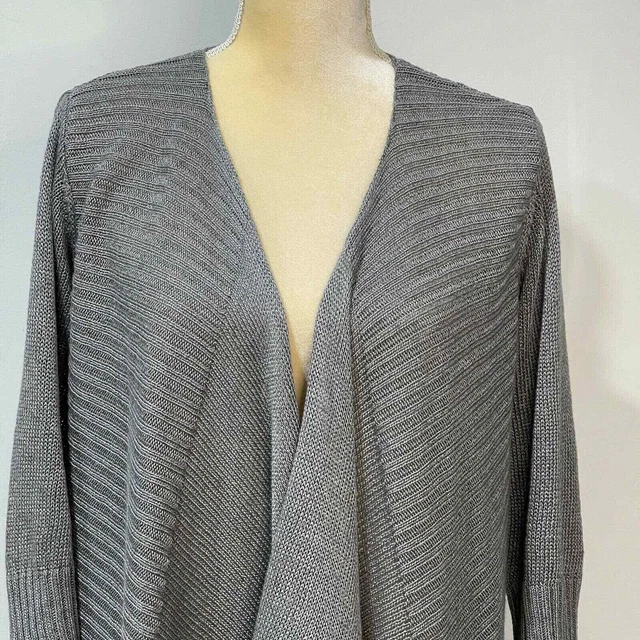 EILEEN FISHER Strickjacke Pullover Größe M grau Leinen Seidenmischung offen vorne gerippt 3