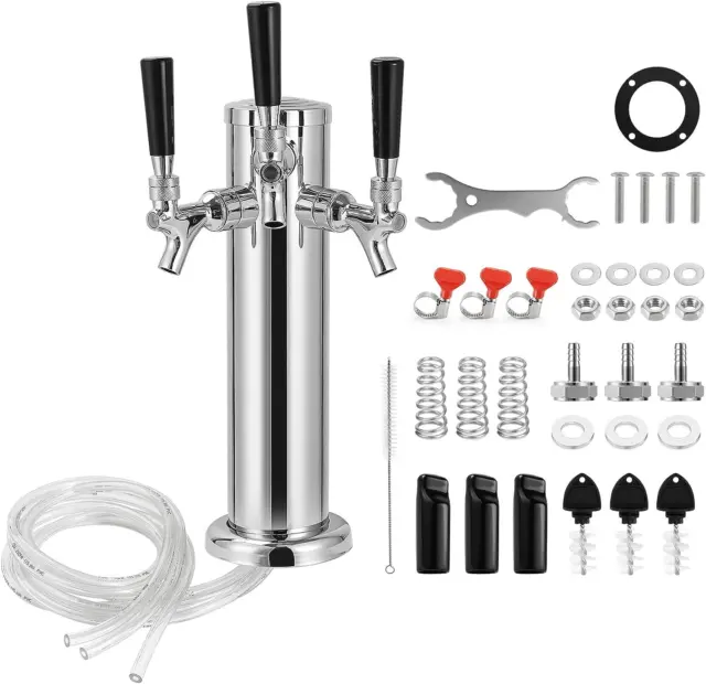Triple Tap Draft Beer Tower, Stainless Steel 3'' Flange Brewing Tower Stainless