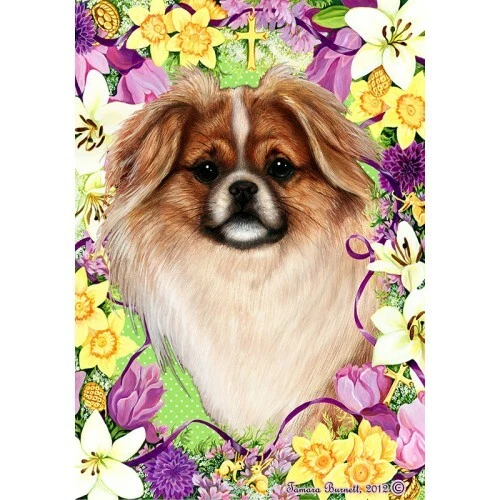 Easter House Flag - Red and White Sable Tibetan Spaniel 33476