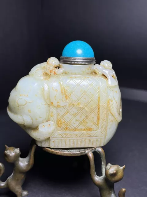 Chinese Exquisite Handmade Children Elephant carving Hetian Jade Snuff Bottle