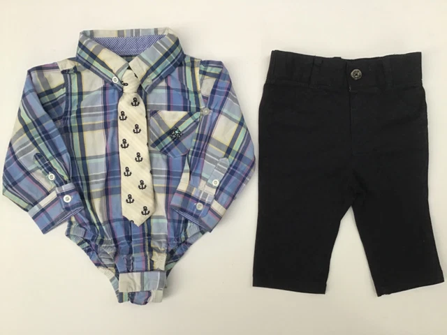 Baby Boy 3-6 mth Andy & Evan Little Gentlemen Shirt Tie Bodysuit & Trousers VGC