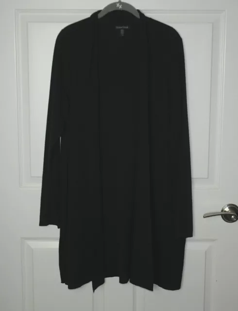 Women's Eileen Fisher Black 100% Wool Long Open Front Cardigan Sweater Sz Large