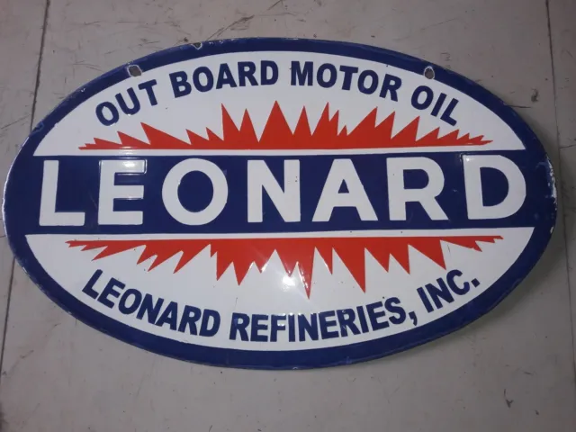 Porcelain Leonard Outboard Motor Oil sign Size 24" X 15" inches