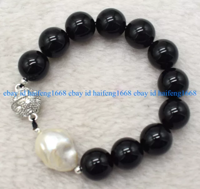 Natürlich 14mm Schwarz Achat Edelstein Weiß Keshi Barock Perle Armband 7.5" AAA