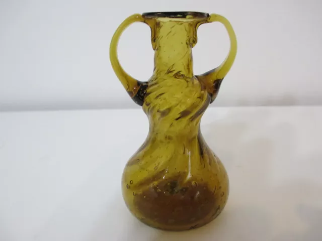 Vintage Pilgrim Art Glass Vase Amber Color Swirl Pattern Applied Handles 4 1/4"