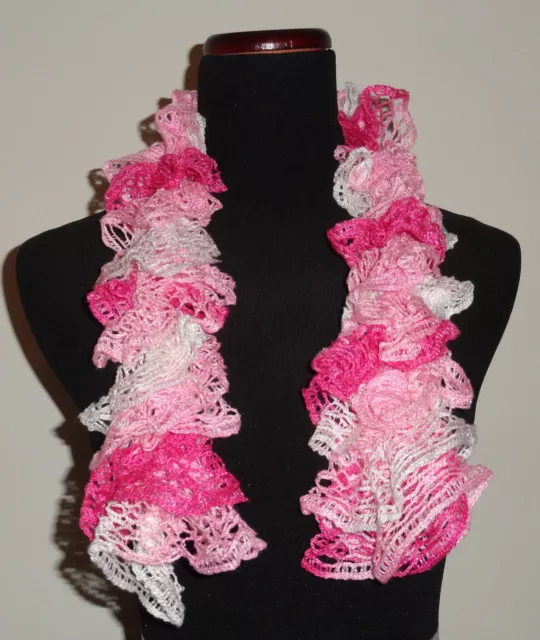 Youth Handmade Knitted Pink & White Ruffle Ruffled Scarf Like Tie Dye Dyed Lace