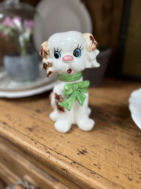 Lefton Dog Coin Bank, Padlock and Key, Green Bow Puppy Pal Vintage Kitch Sticker