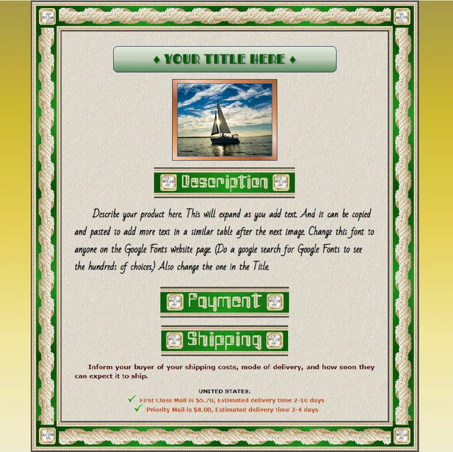 AUCTION TEMPLATE METAL Design, Gold or Green Gradient BG, Fancy Fonts