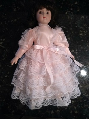 15" Brunette Porcelain Doll in Pink Dress- Good Condition-Vintage