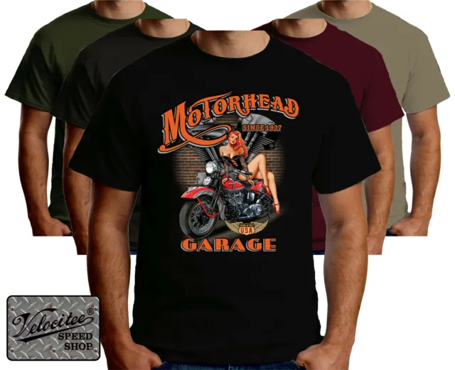 Velocitee Mens T-Shirt Motorhead Pin Up Classic USA Motorcycle Biker A23622