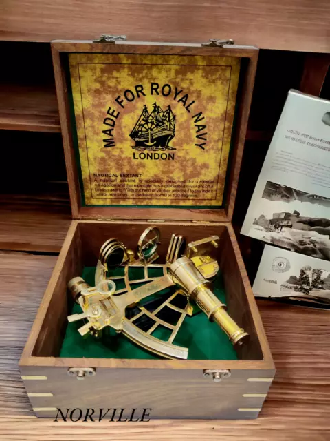 Nautical Solid Brass Sextant with Wooden Box Royal Navy Marine Navigational Gift