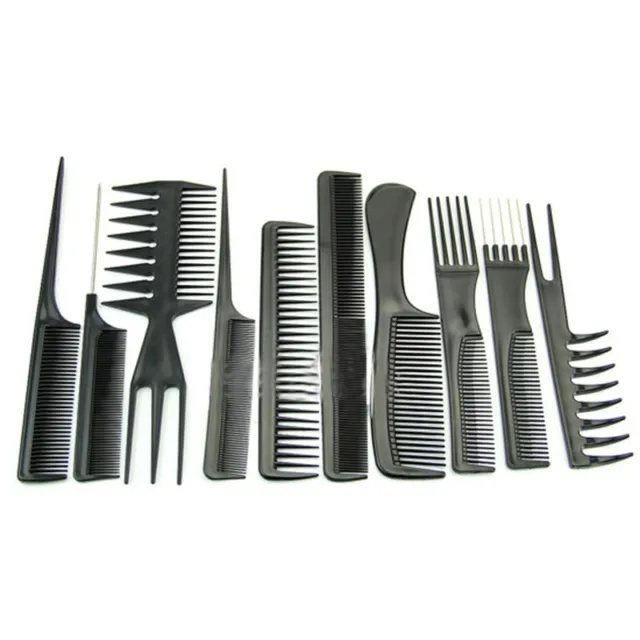 10Pcs/Set Black Pro Salon Hair Styling Hairdressing Plastic Barbers Brush Combs