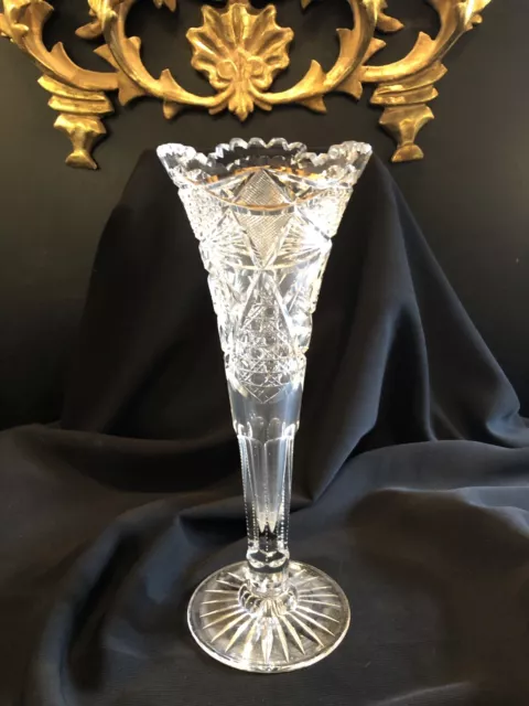 Tall 12" American Brilliant Period Cut Glass Trumpet Vase