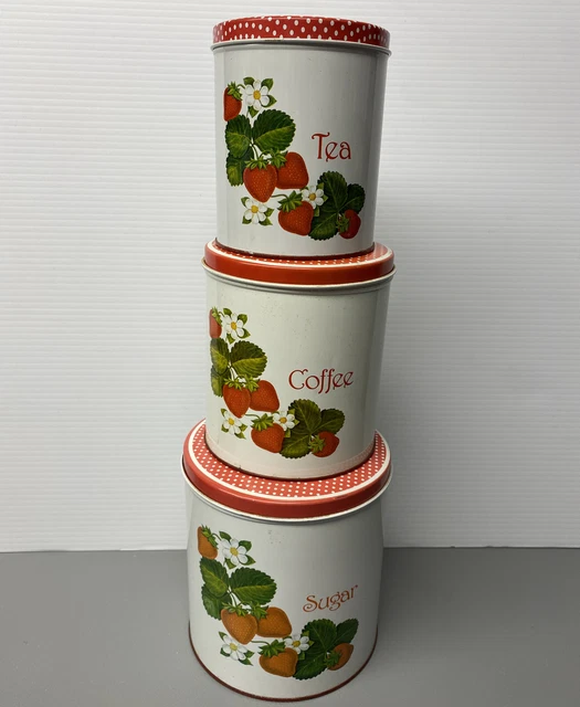 VINTAGE TIN NESTING Canisters Strawberry Kitchen Sugar Coffee Tea