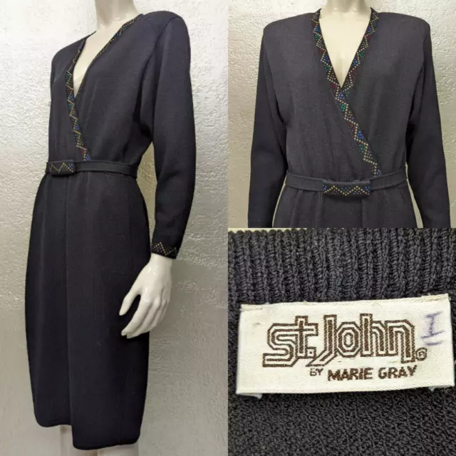 Vintage 1970s Ladies ST JOHN MARIE GRAY Black Knit Sweater Dress Studded w/Belt