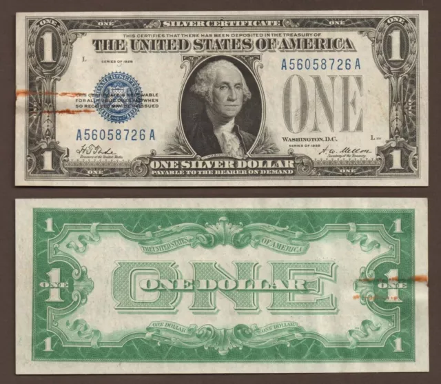 1928 $1 CRISP Silver Certificate Funny Back w/ Rusted Paperclip Impression-us