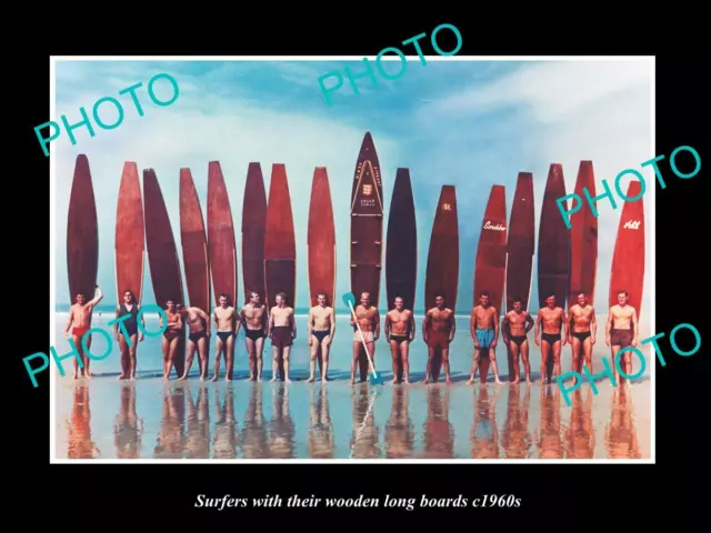 OLD POSTCARD SIZE PHOTO OF MEN WITH THEIR WOODEN SURF LONGBOARD c1960s