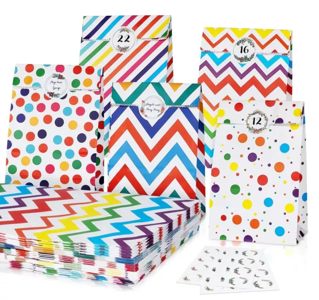 ABSOFINE Party Bags, 50Pcs Colorful Striped Paper Party Bags With 60Pcs Stickers