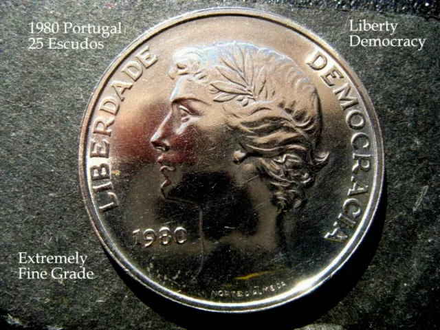 1980 Portuguese 25 Escudos Liberty & Democracy Coin in Extremely Fine Grade