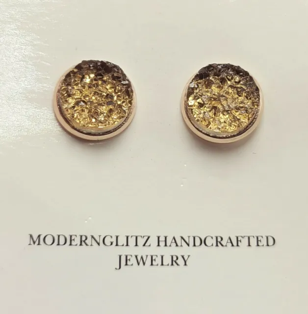Champagne Colored Druzy And Gold Color Earrings Handcrafted Stud