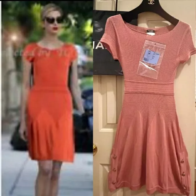 3.8K CHANEL 2011 Orange Pink Knit Dress 34 36 38 2 4 6 Top CC Logo
