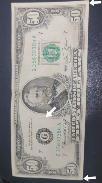 Error Cut/Red Dye Error 1974 $50 Fifty Dollar Bill Federal Reserve Note