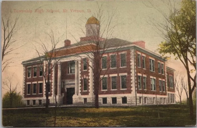 MT. VERNON, Illinois Postcard "Township High School" Building View -1907 Cancel