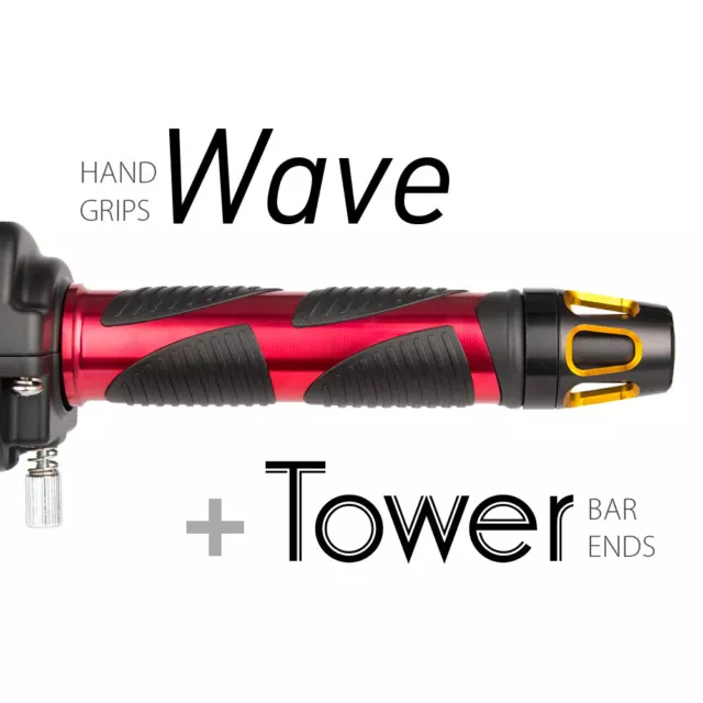 KiWAV Motorcycle Wave grips Red with Tower Bar Ends Gold/Black