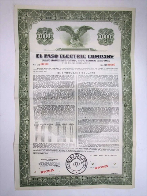 TX. El Paos Electric Co., 1950. $1000 Specimen 2 7/8% Coupon Bond, VF-XF. FLABNC