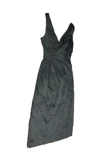 Bebe Womens Sz XS Black Slim Fit V-Neck Midi Length Slip Dress, Subtle Lace Trim