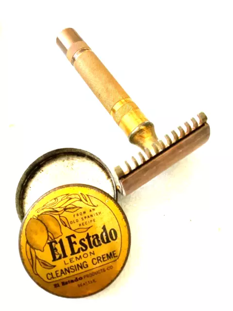 1930s Gillette Gold washed Safety Razor  & El Estado Tin Reissue 17567 Vintage