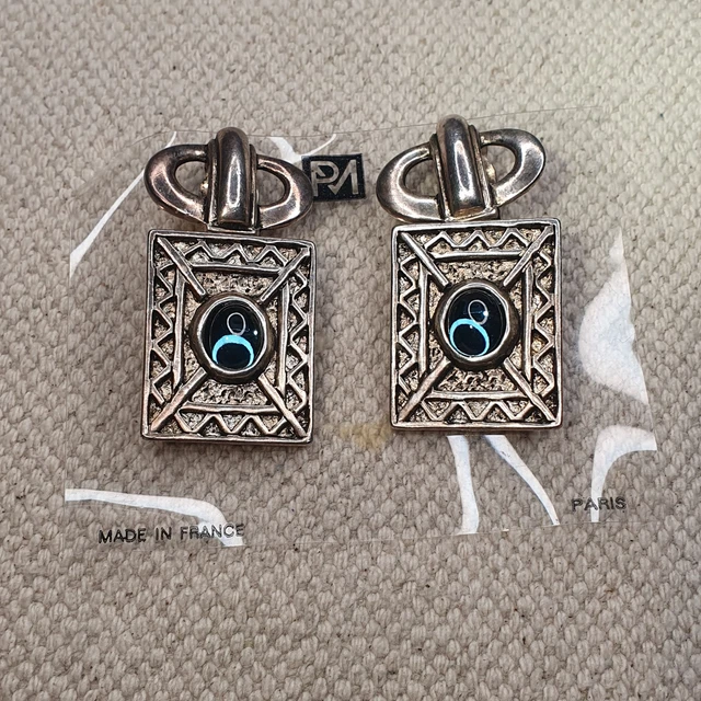 Boucles D'oreilles Pendantes Clips Argentées - Métal Pointus, Cristal Noir, Bon état