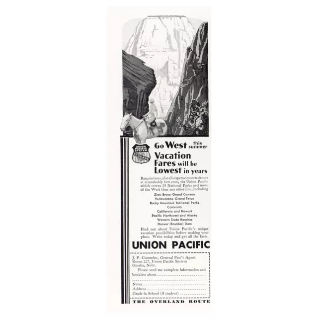 1932 Union Pacific Railway: Go West This Summer Vintage Print Ad