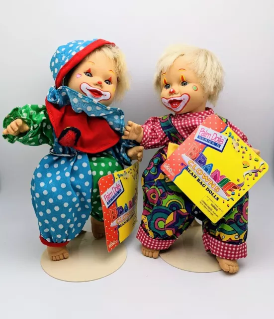 Gigo Palm Dolls Beanie Clowns (2) ~ Vintage 1997 8" New w/ Tags & Rare Stands