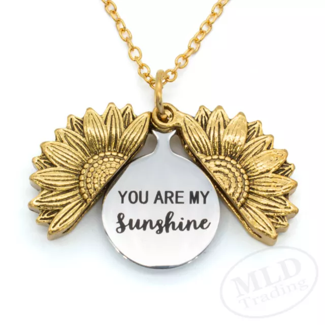 You Are My Sunshine Stainless Steel Open Locket Gold Sunflower Pendant Necklace