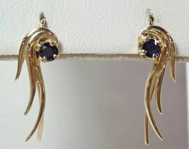 14K Yellow Gold Dangle Earrings w/ Round Sapphire Gemstones 1.78g