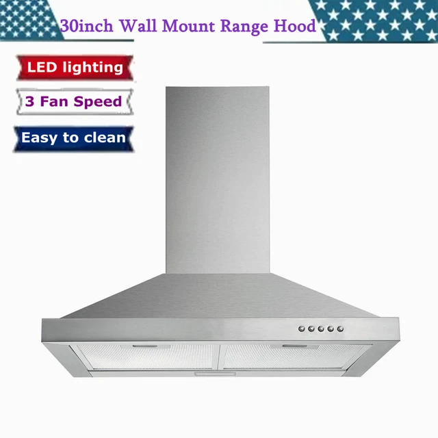 30inch Stainless Steel Wall-Mounted Kitchen Range Hood 450 CFM 3-Speed Vent LED