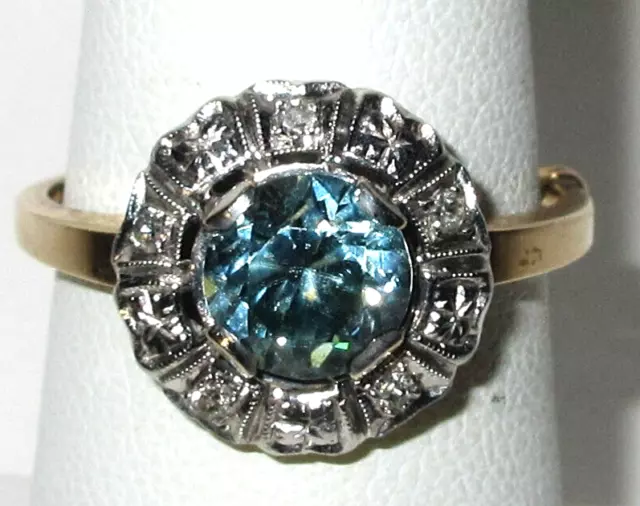 Beautiful Art Deco Halo Blue Stone w/Diamond Accent Ring 14K Yellow Gold 7.5 s/n