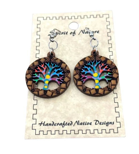 Spirit of Nature Earrings -Circle with Tree of Life-blue trunk-colorful -wood