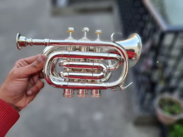 SILVER Bugle Instrument Pocket Trumpet With 3 Valve Vintage Flugel Horn