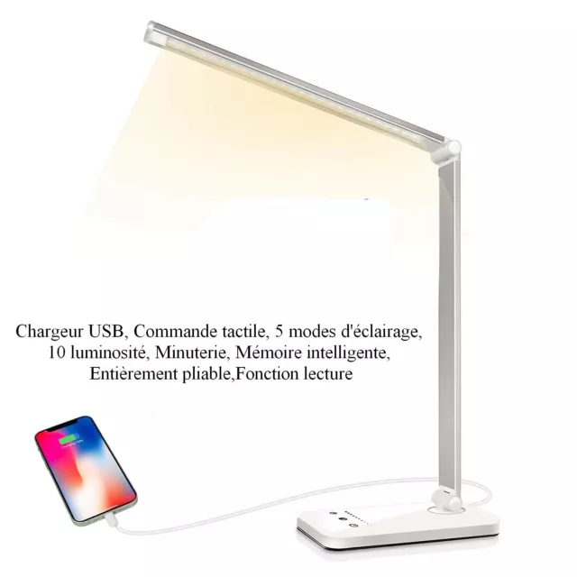 Lampe de bureau LED 5 Niveaux de Couleur 10 Luminosité 2 chargeurs USB