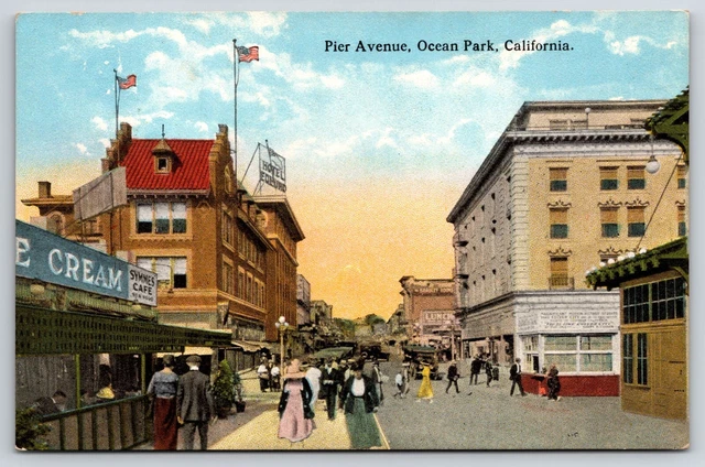 Ocean Park CA Pier Avenue Street View Postcard Ice Cream Shop Symmes Cafe