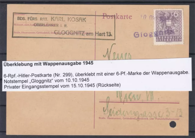 SELTEN  NOTSTEMPEL Gloggnitz 10.10.1945 mit privatem Ankunftstempel 3