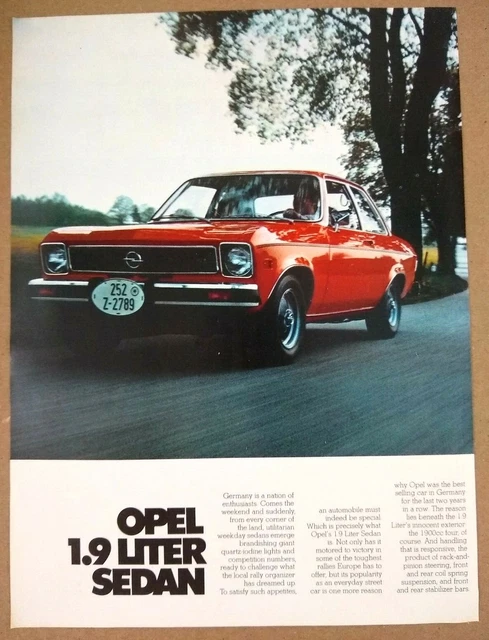 Opel 1.9 Liter Sedan Red Original 1974 Print Ad German Street Racer Rally Car